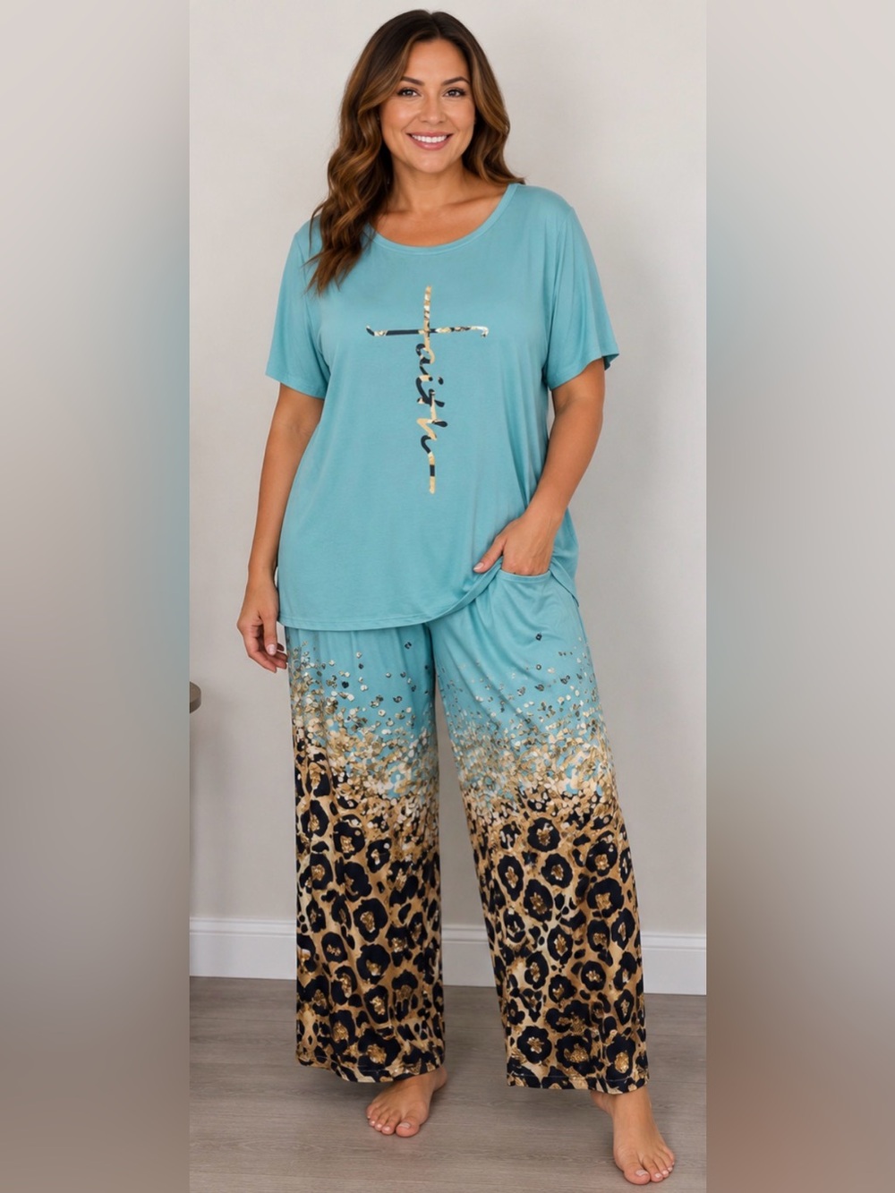 Christian Faith cross graphic two-piece Palazzo pants set. Animal print. Sz1XL